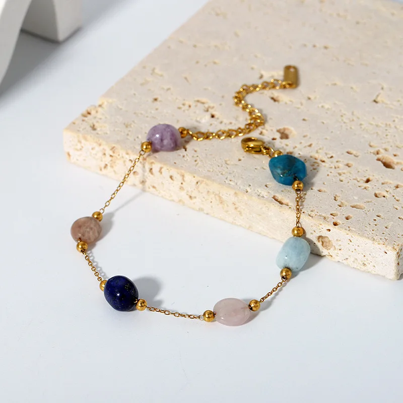 New fashion irregular 6 kind colorful natural stone jade crystal mix stainless steel 18k gold plated healing bracelet for woman
