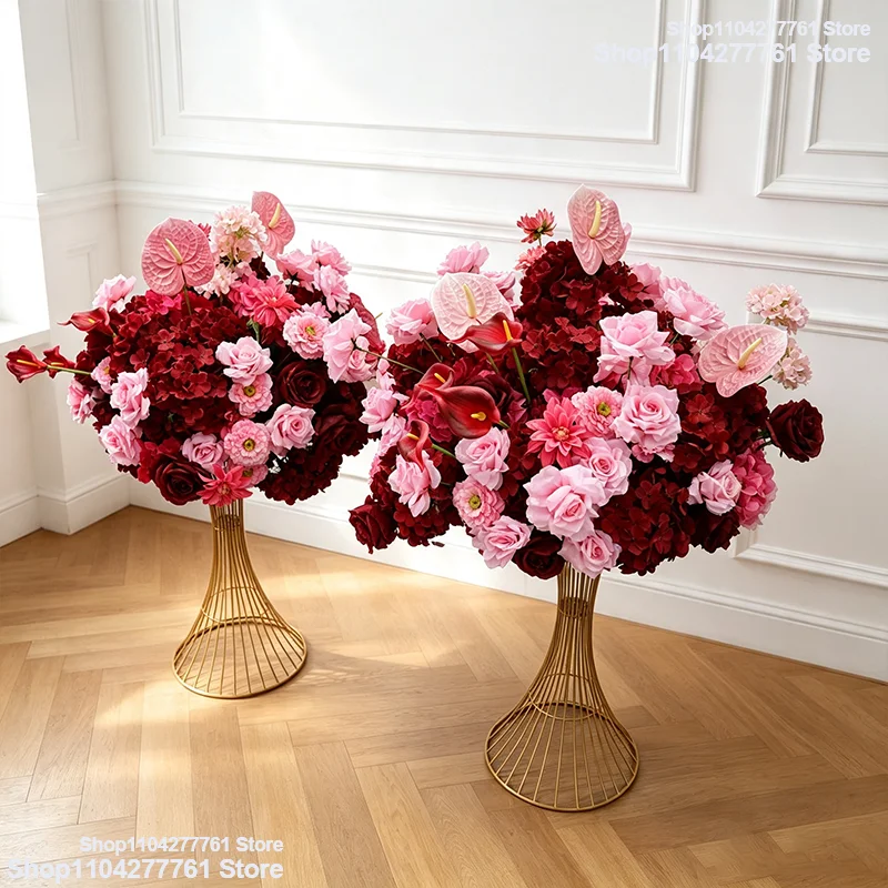 Künstliche burgunderrote rosa Rose 5D Hochzeitstisch-Mittelstück Blumenball Seidenhortensie Anthurie Blumenstrauß Event-Party-Dekoration – Detail 7