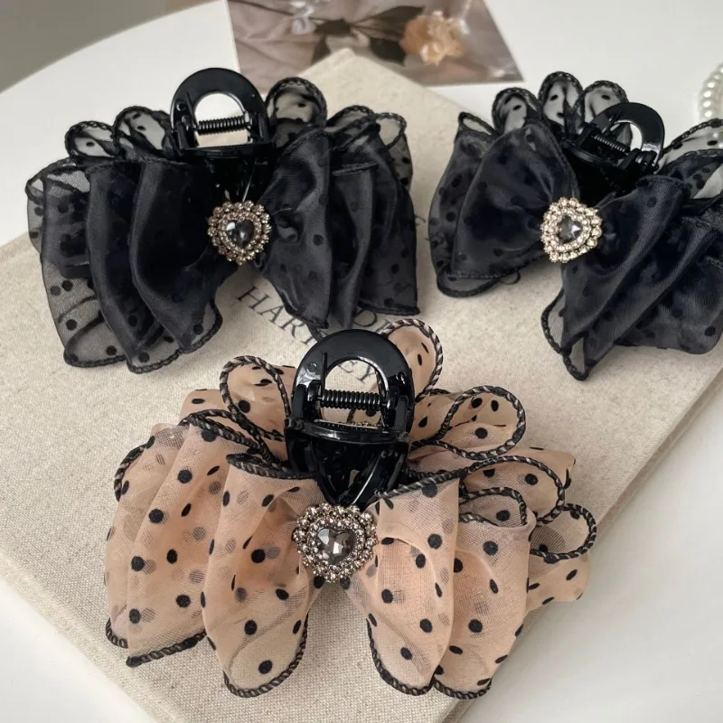 Korean Style Mesh Bow Knot Polka Dot Hair Claw Vintage Elegant Hair Clamp Hairpin Shark Clips For Women Fashion Hair Accessories