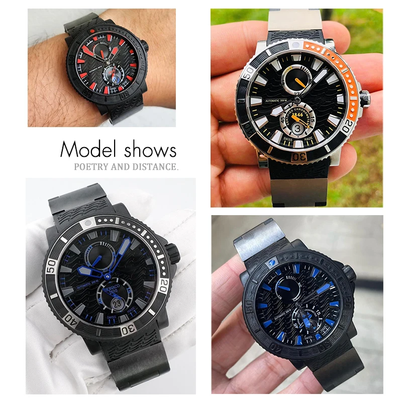 22 مللي متر منحني نهاية ساعة من المطاط السيليكوني الفرقة ل أوليس ناردين 263 غواص حزام أسود أزرق متموج حزام مقاوم للماء أساور ساعة