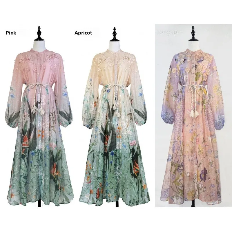 Retro Floral V-ne Belted Maxi Dr Autumn New Sle Ele Holiday Wind Large Swing Slimming High Waist Polyester Fiber L...