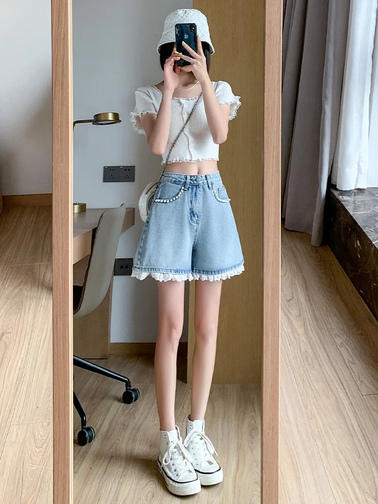 

Джинсовые женские летние брюки с высокой талией и кружевной отделкой, новинка 2024, тонкие широкие брюки трапециевидной формы с бисером, джинсы из смеси хлопка