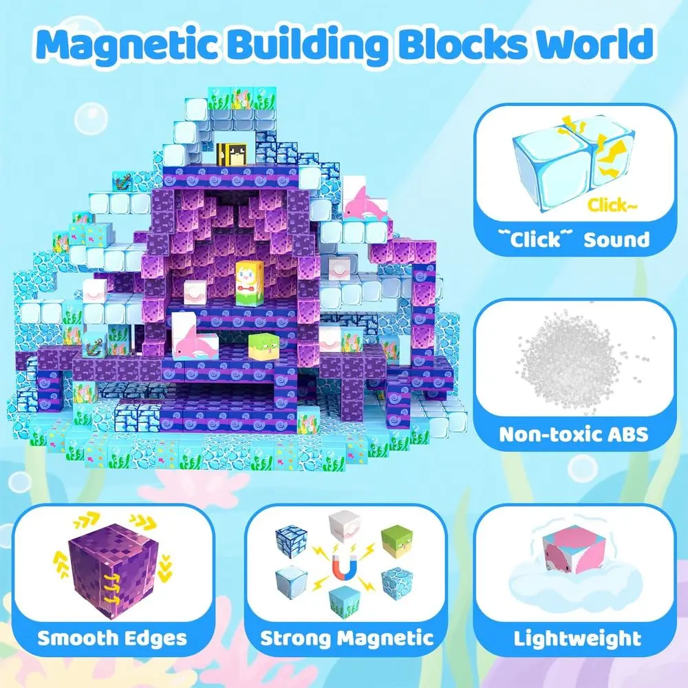 100개 자석 블록 세트, 3세 이상 어린이를 위한 교육용 STEM 장난감, 이상적인 크리스마스 또는 생일 선물 (해양 세계)