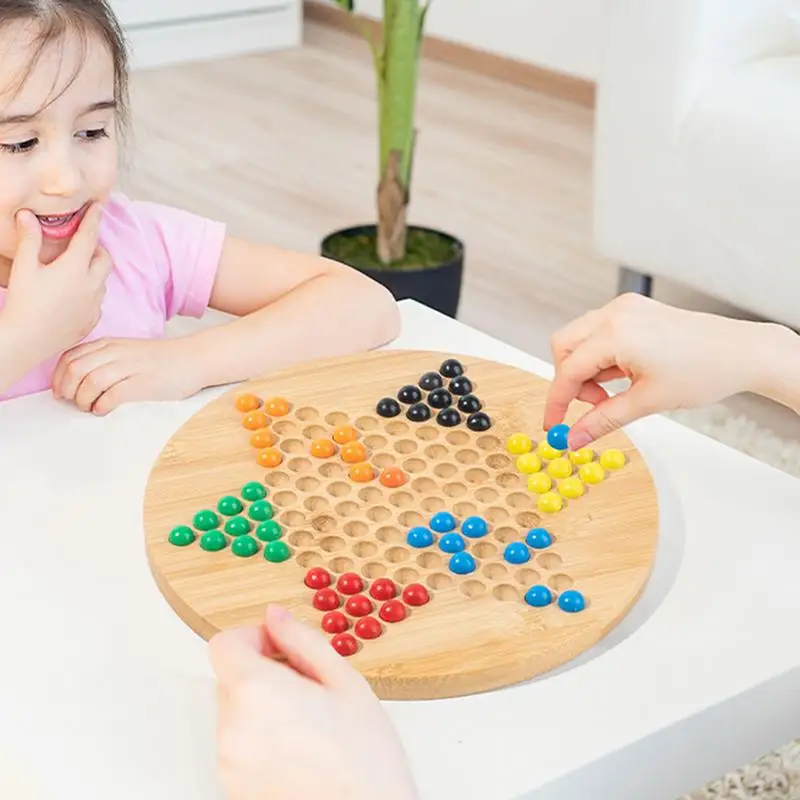 Wooden Checkers Board Game Glass Beads Chinese Wood Hexagonal Checkers Plate Glass Marble Checkers Board Games For Friends Famil