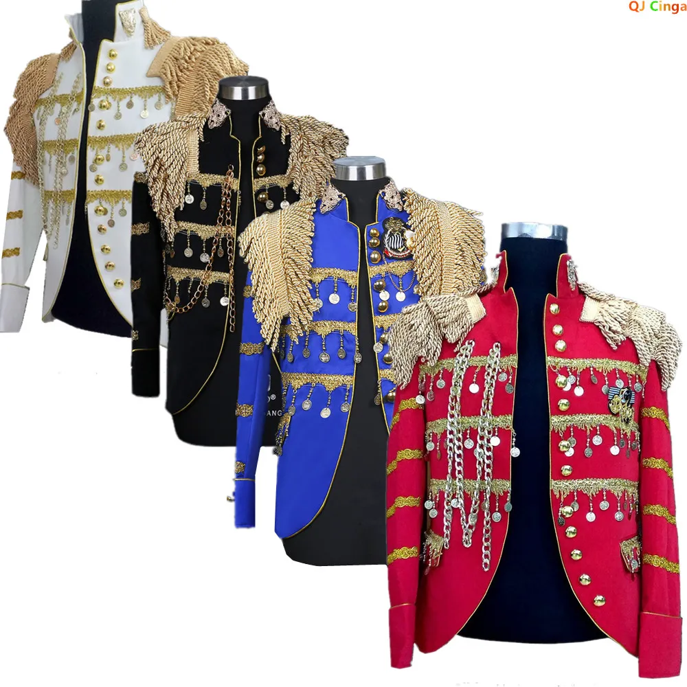 

American Court-style Men's Red Long-sleeve Coat, Blue Single-breasted Stand-up Collar Suit Jacket, Gold Tassel-trimmed Blazers.