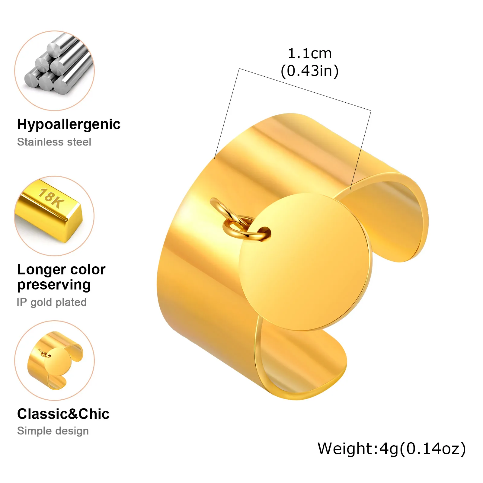 حلقة افتتاحية دائرية الشكل للنساء، خواتم مقاومة للماء من الفولاذ المقاوم للصدأ باللون الذهبي، هدايا مجوهرات مصقولة عالية #6