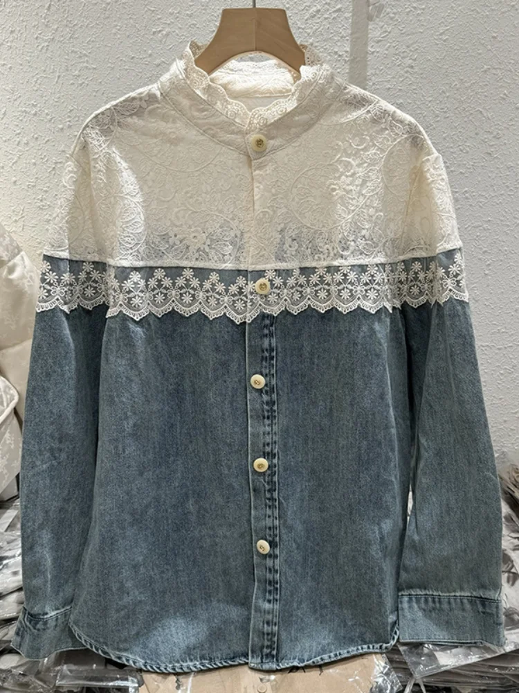 

Korean Contrast Stitching Lace Jacket Denim Women'S Jeans Shirt 2025 New Fashion Denim Shirt Spring Long Sleeve Vintage Tops