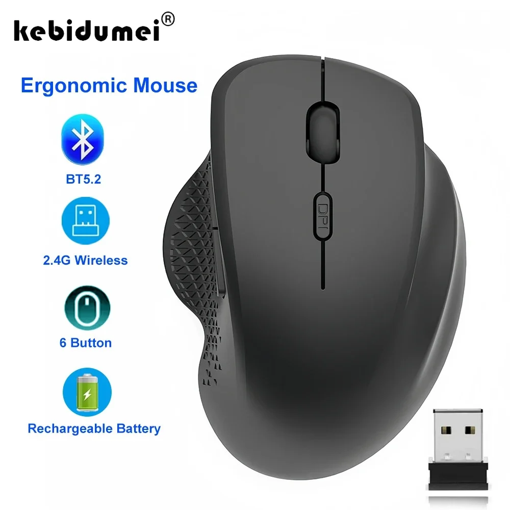 Dual-Mode BT 5.2 Mouse 2.4G Wireless Mouse 6 Keys Rechargeable Gaming Mouse 1600DPI Optical Ergonomic Mouse For PC Laptop Tablet