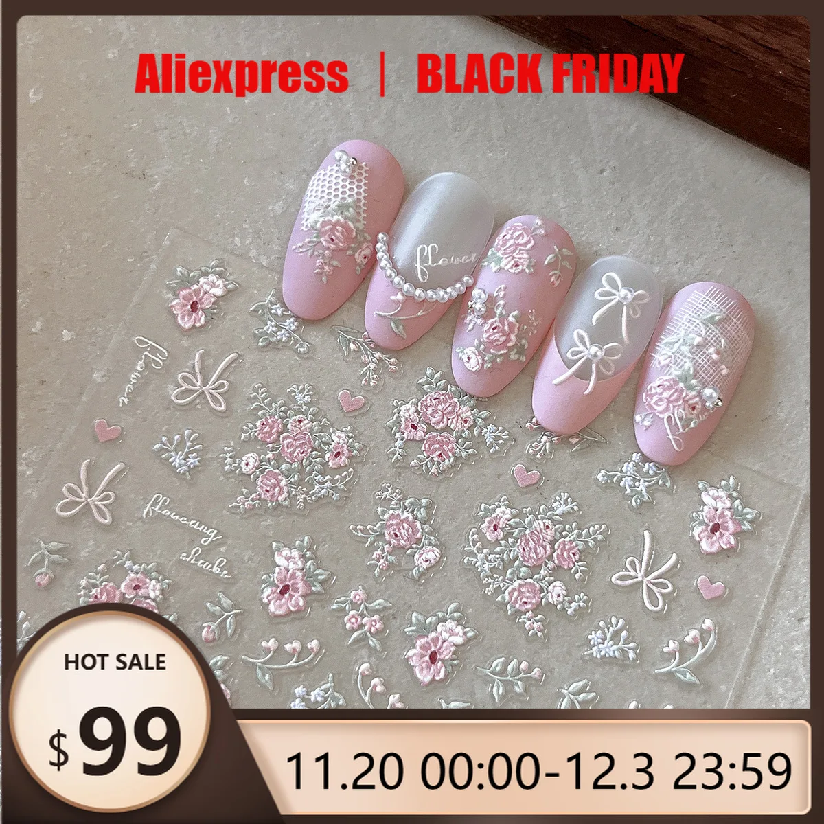 

3D Relief Pink Flower Nail Stickers Shiny Laser 3D Bow Nail Decals Adhesive Pink Heart Butterfly