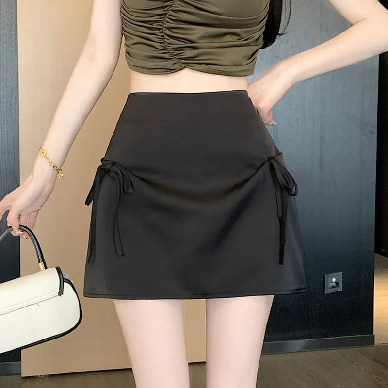 Casual Bow A Line Mini Skirts Women 2025 Korean Style High Waist Faldas Y2k Clothes Slim Harajuku Black Short Micro Kawaii Skirt