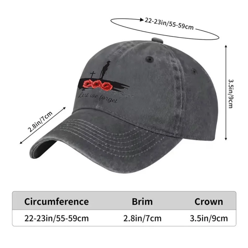 Lest We Forget Washed Baseball Cap Adjustable Buckle Lightweight Breathable Unisex All Seasons Daily Travel Gift