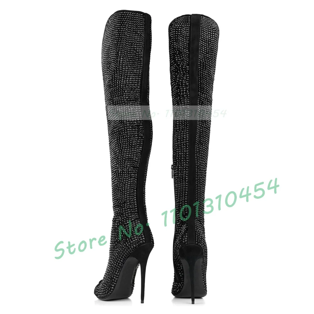 Crystal Cross-tied Thigh High Boots Women Hot-pink Round Toe High Heels Slim Tall Boots Ladies Streetwear Suede Dress Shoes