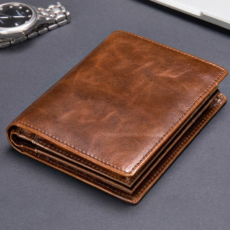 

Men's Cowhide RFID Genuine Leather Wallets Short Standard Top Layer ID Card Holder Bag Business Bank ID Cash Purse Gifts Wallet