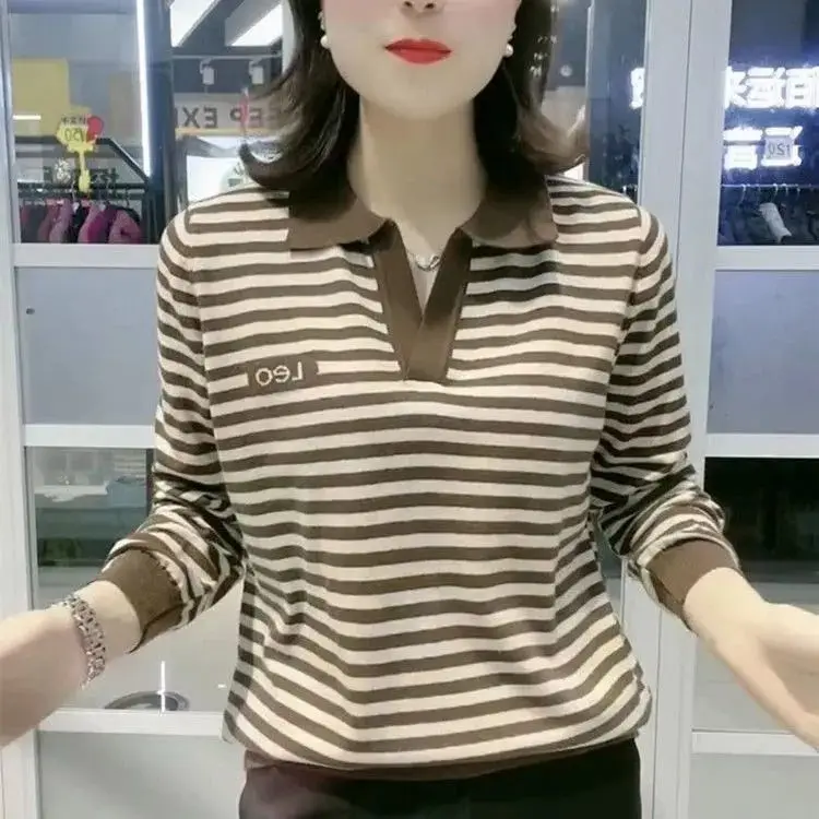 Spring Autumn New Polo Large Women's Long Sleeve Tops Fashion Stripes Letter Casual Tee Shirt Turn-down Collar Female Clothing