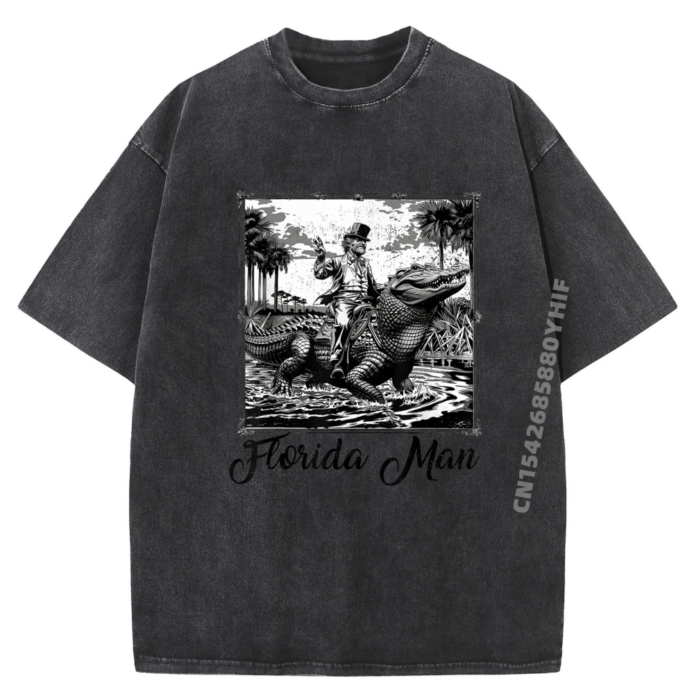 

Florida Man Riding Alligator Funny Florida Vintage Souvenir Graphic T Shirts Men Oversized Classic Funny Washed T Shirts