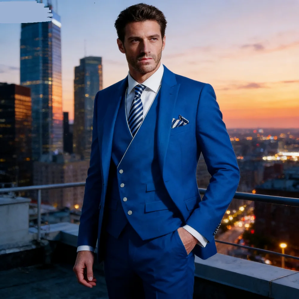 

Solid Color 3-Piece Men's Suit Fashionable New Formal Business Wedding Unique Button Lapel Tuxedo Vest Pants Set
