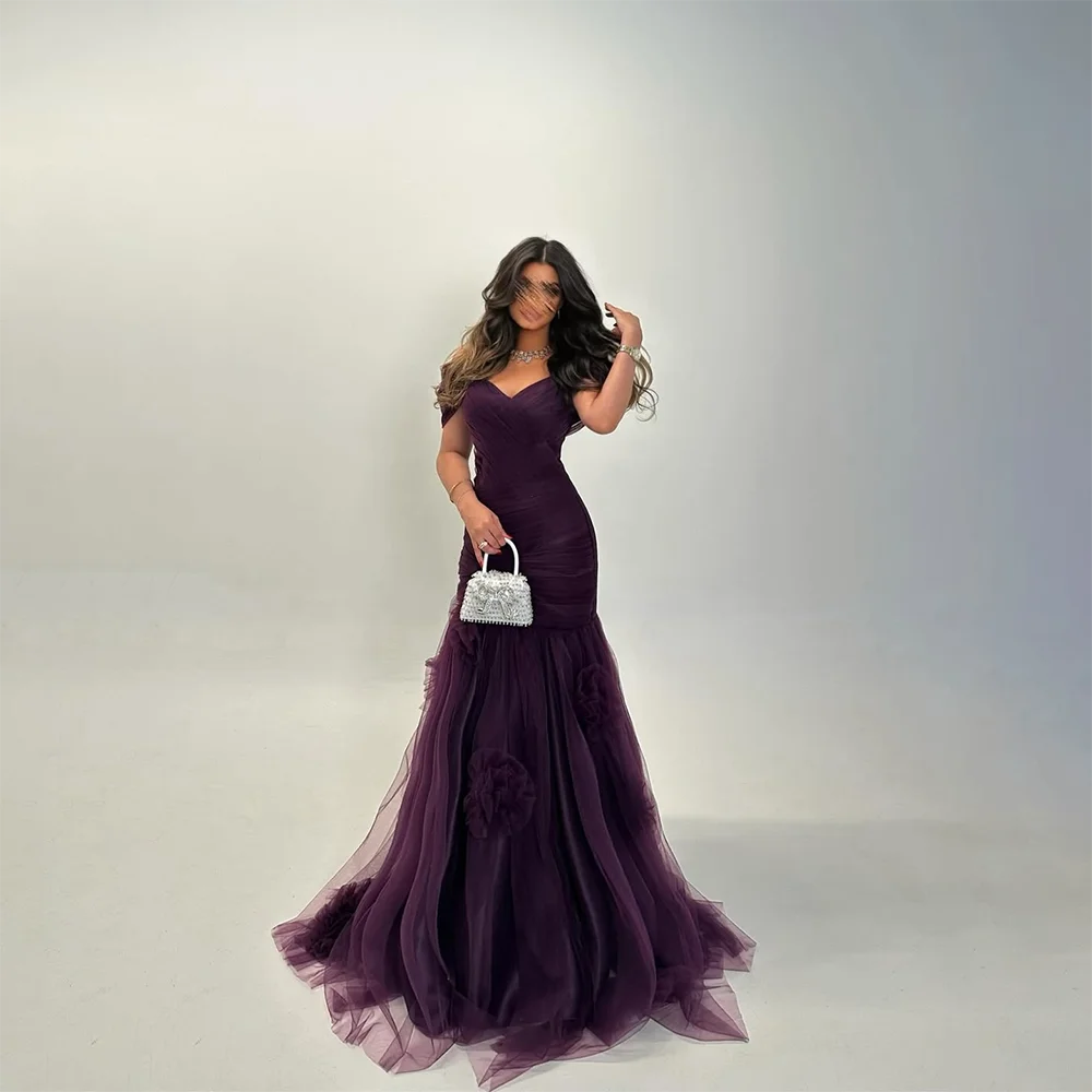 

Women's Evening Dresses Off The Shoulder V-Neck 2025 A Line Tulle Floor Length Grape Purple Formal Evening Gonws Customized