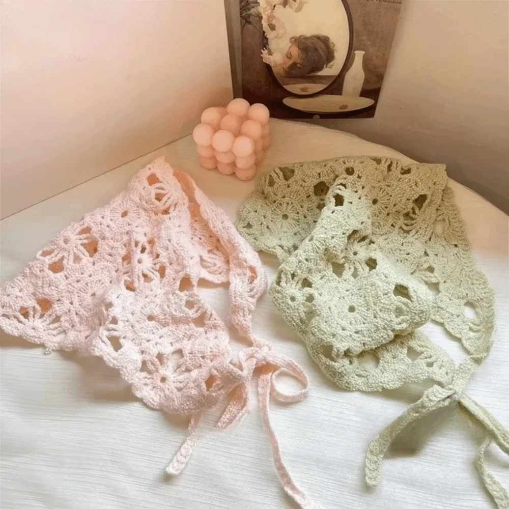 

Sweet French Knitted Headband Floral Bohemian Women Hair Scarf Handmade Pastoral Style Hollow Out Hair Band Children