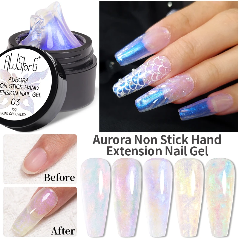 BOZLIN 15ML Aurora Gel de uñas antiadherente para extensión de manos 3D UV Aurora Glitter Desnudo Rosa Blanco Gel de extensión moldeador de uñas
