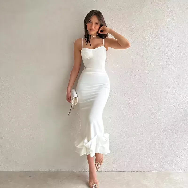 Sexy Sleeveless Backless Midi Dress Women 2023 Summer Fashion Bodycon Elegant Ruffles Eged Birthday Party Club Pencil Dess