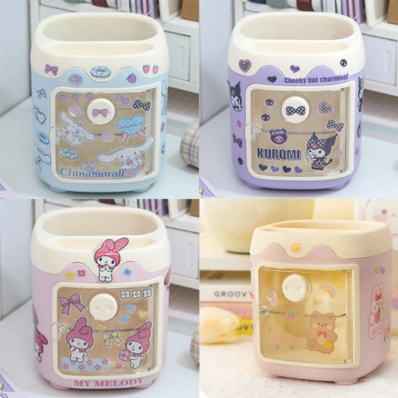 Cinnamoroll Kuromi Sanrios Stationery Storage Box Kawaii Anime Cartoon New My Melody Pattern Sticker Desk Pen Holder Girl Gift