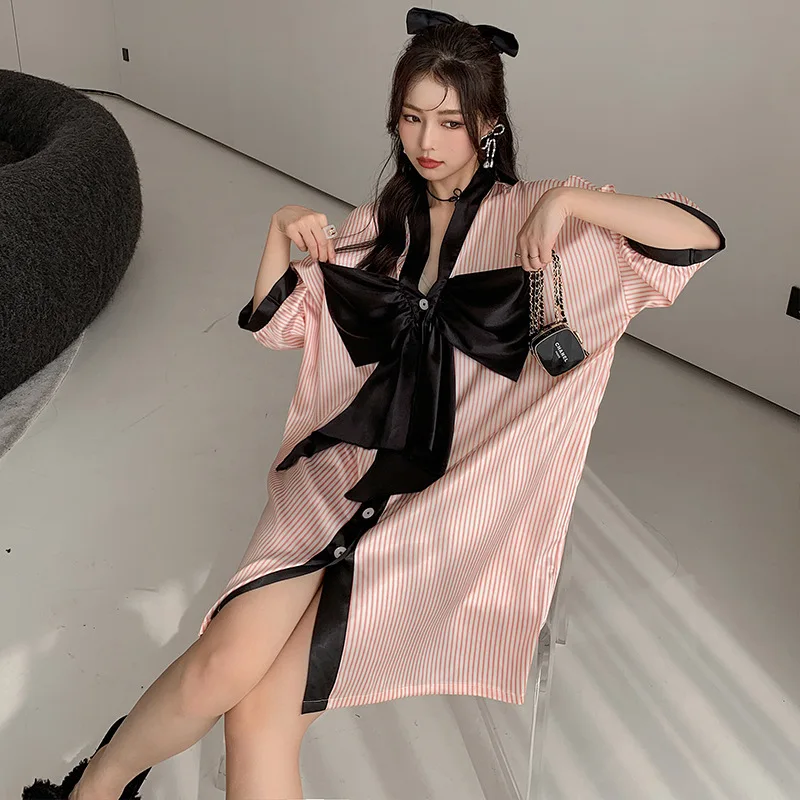 

Summer New Women Bow Short Sleeve Dress Lady Loose Casual Nightdress Female Silk Satin Luxury Brand Homewear Sleepwear