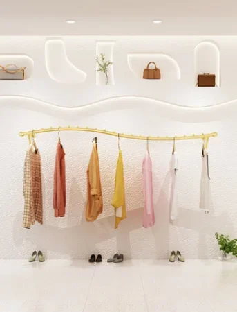 

Wall mounted golden women's clothing store hanger display rack children's clothing rack on clothing store display rack