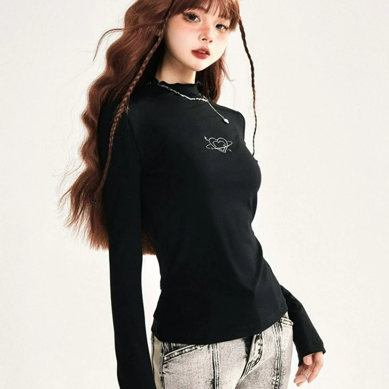 

2026 Autumn New Fashion Maillard Style Paired T-shirt Top A Coffee-colored Semi-high-neck Long-sleeved Base Layer for Women