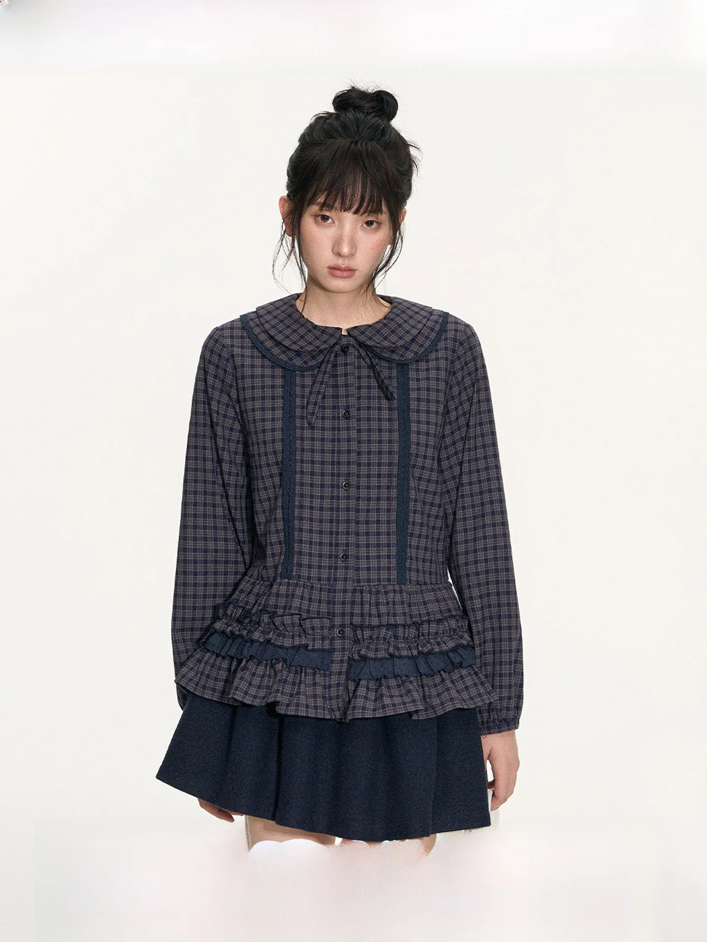 

Original NapSNaps Detachable Double Layer Doll Collar Plaid irt Women's Lace Hem irt Autumn New Vintage Sle Loose Fit L...