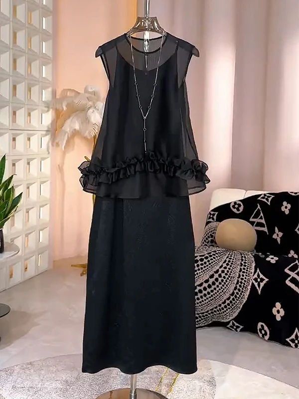 

Summer 2026 New Women's Fashion Set Casual Elegant High-End Feelings Strap Dress Two-Piece Set High Waist Long Pants Midi Skirt