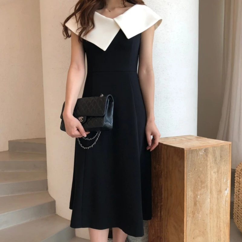 Big Collar Patchwork A A Line Dress Midi Black Vestidos Verano 2022 Elegant Office Jurk Korean Style Women Retro Robe De Soiree