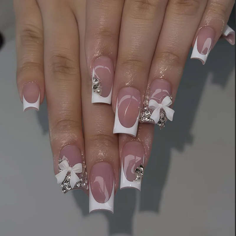 

24Pc Nude Pink French Tip Press On Nails with 3D White Bow Rhinestone Medium Square False Nails for Women Bridal Fake Fingertip