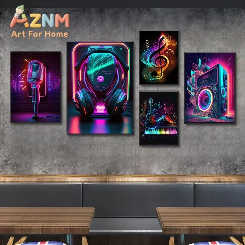 Pop 80S Live Music Neon Punk Poster Aesthetics Dj Guitar Karaoke Headphones Canvas Painting Wall Art Home Room Decor No Lights