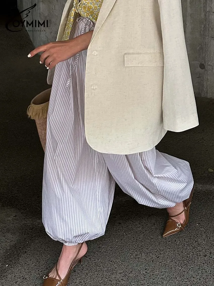 Oymimi Elegant White Print Women Pants Fashion Mid Waisted Drawstring Trousers Autumn New Button Ankle-Length Pants Streetwear