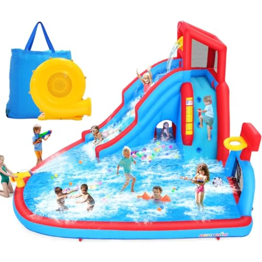 Backyard inflatable water slide for kids: PVC blue and yellow 9-in-1 blow-up water park with 470W blower dump bucket adventure
