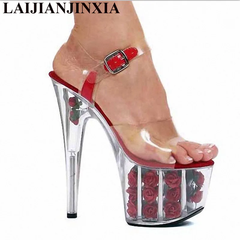 LAIJIANJINXIA New  PVC Sexy Exotic Pole Dancing Shoes Summer Women Sandals 20CM High Heels Buckle Strap Size 34-46 E002