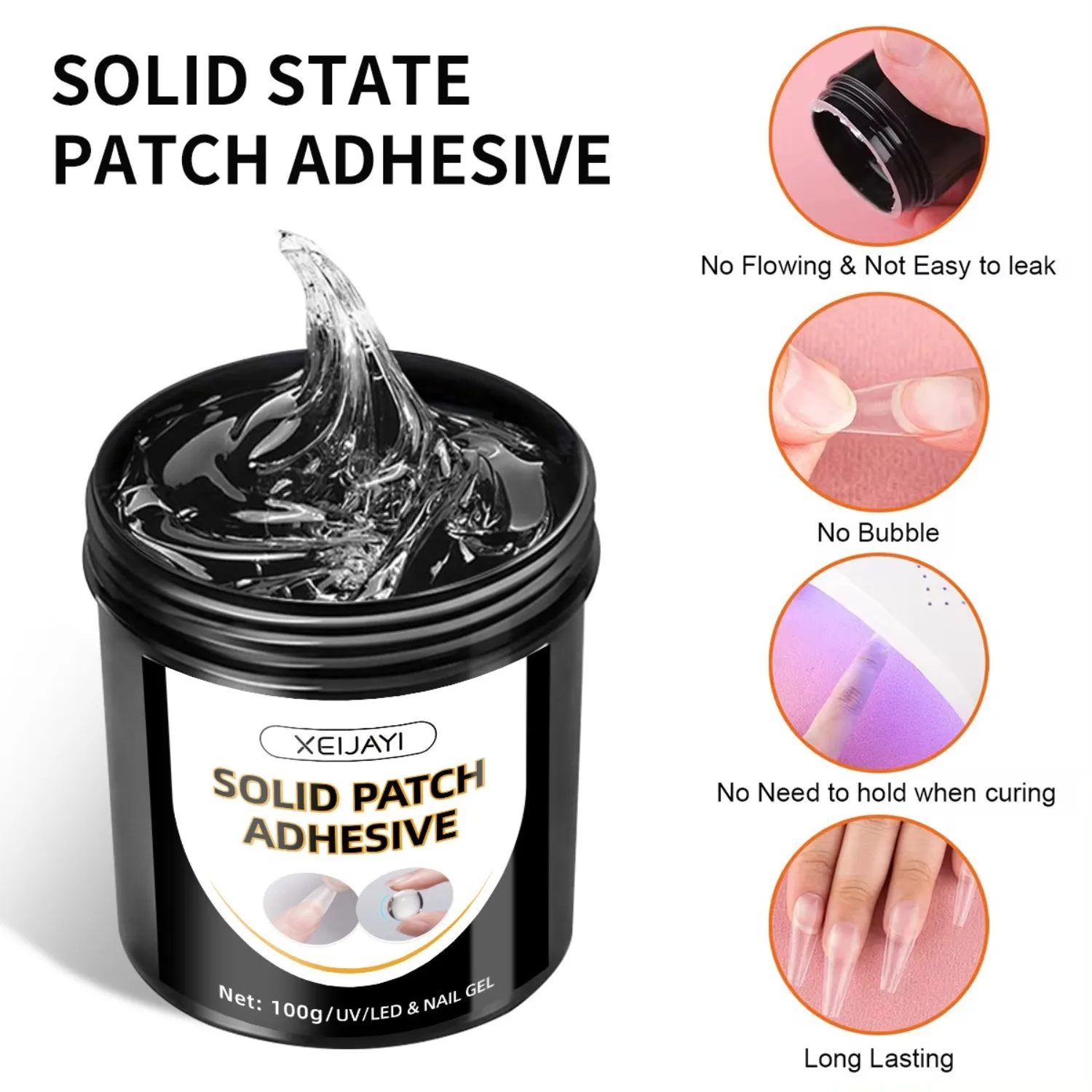 100g Solid False Nail Tips Gel No-Flowing Transparent Clear Adhesive Rhinestone Patch Gel Tips Nail Extension Bond UV Nail Glue