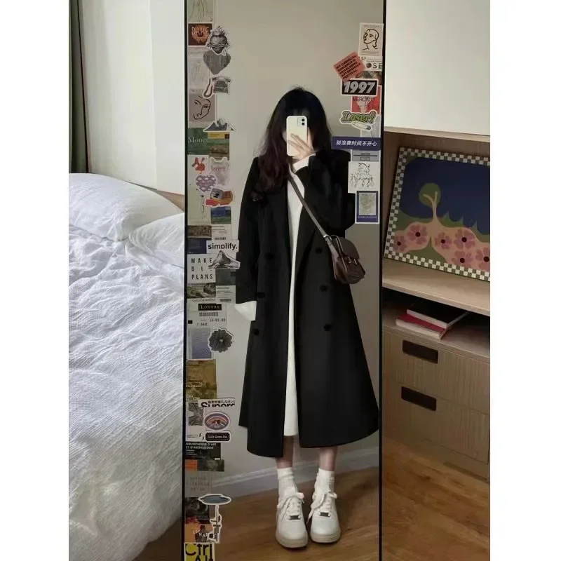 Women Long Woolen Windbreaker Coat Korean Loose Fashion Single-breasted Lapel Coats Female Autumn Winter Warm Lady Overcoats