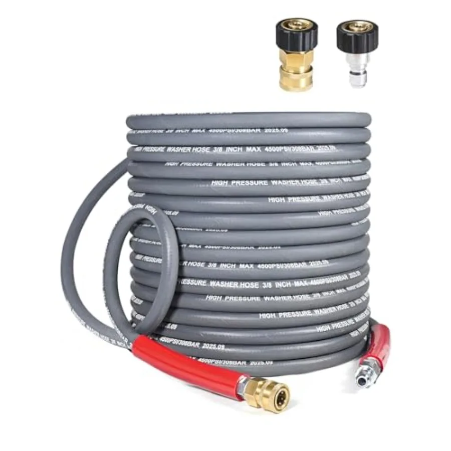

3/8″ Pressure Washer Hose 50 FT — 4500 PSI Steel-Braided Non-Marking Rubber For Hot and Cold Water Quick-Connect With M22 Fitti