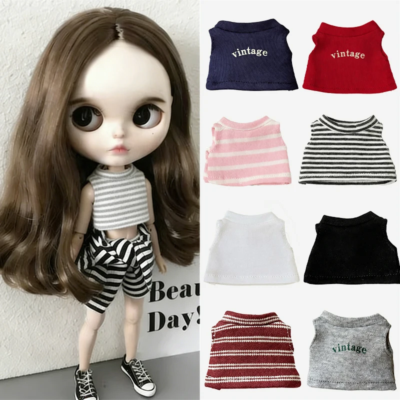 For Blythe Doll Outfit Clothing Striped Vest Hoodie Solid Color T-Shirt Sweater Clothes For OB22 OB24 1/6 Long Leg HelloKitty