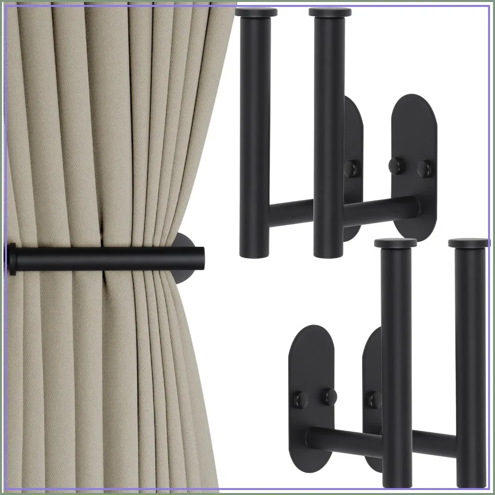 4 Pcs Adhesive Curtain Holdbacks, Screw-in Tie Backs, Wall Mounted Curtain Hooks for Home Decor Drapes (Black)