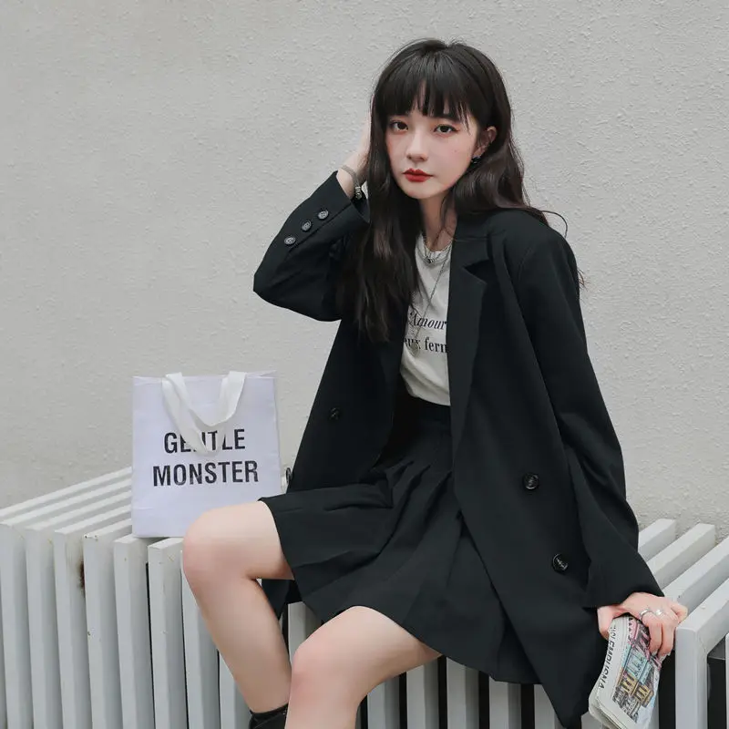 Small Suit Female Korean Spring and Autumn Jacket + Pleated Skirt Two-piece College Style Student Female Suit