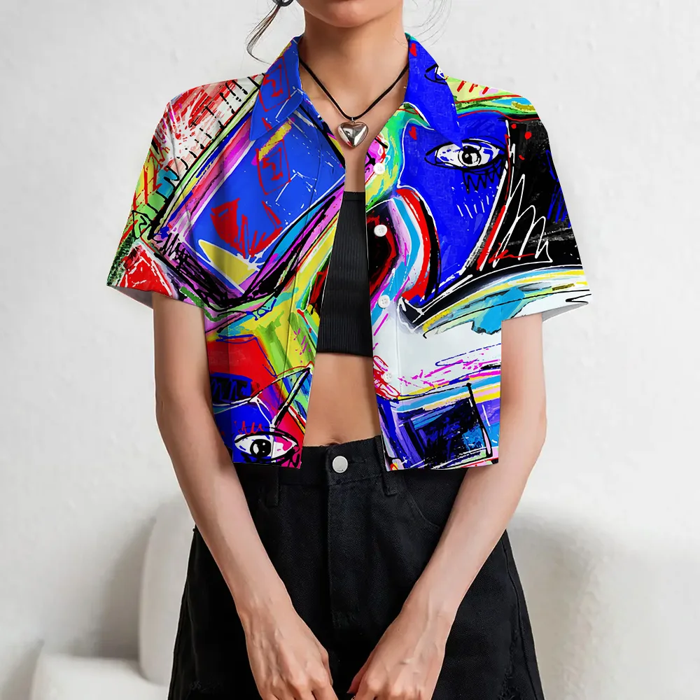 Graffiti Print Hip Hop Style Crop Tops For Youth Ladies Lapel Button Shirts Fashion Street Navel Exposed Turn-down Collar Shirts