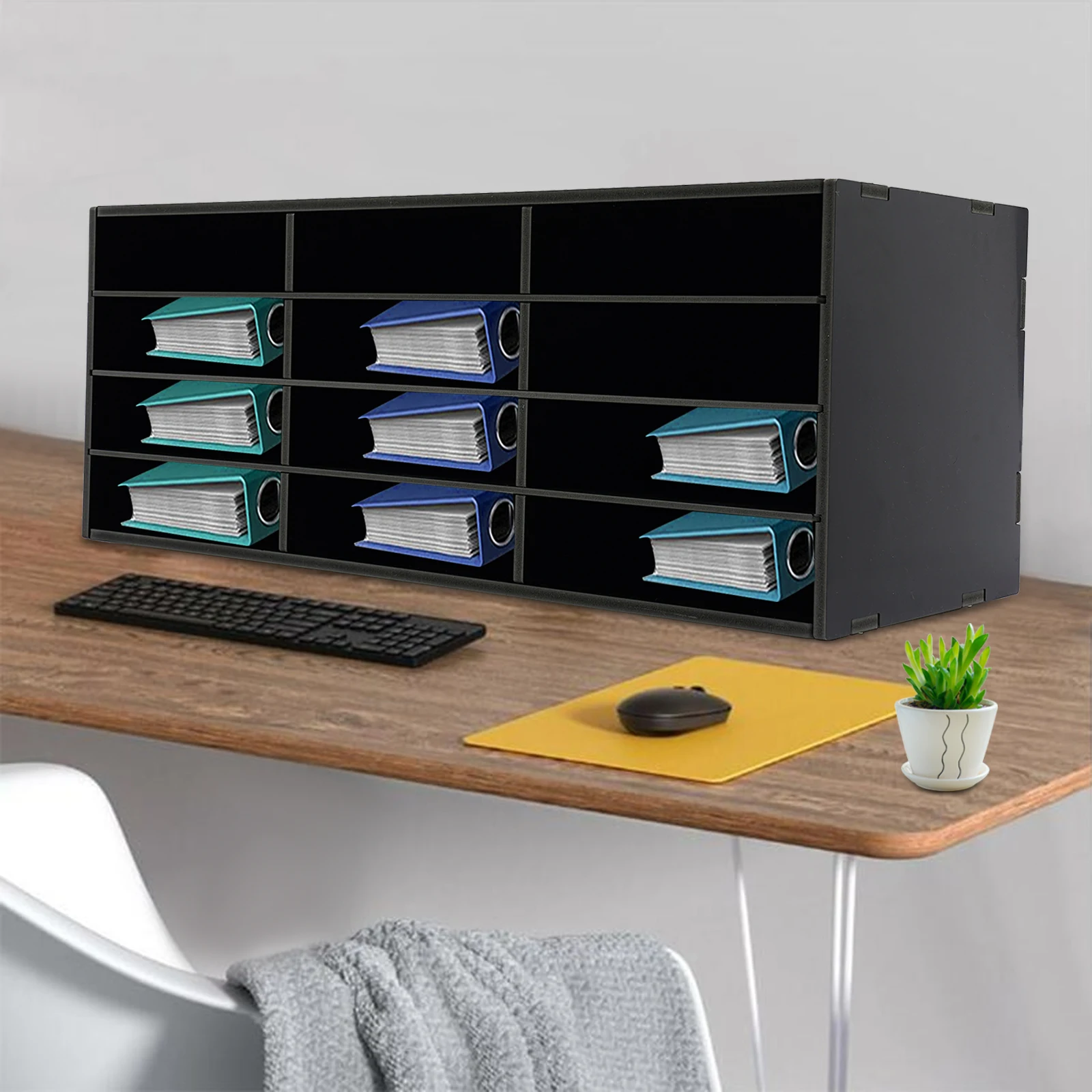 

Black Desktop Organizer – 12 Slots, 4 Tiers. PVC, Stable. For Office/Home, Sorts Files/Chargers, Easy To Clean