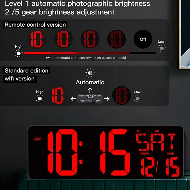 Imagem -05 - Relógio Digital Led de Parede com Controle Remoto Despertador Multifunções Temperatura Data Exibição da Semana Tela Grande