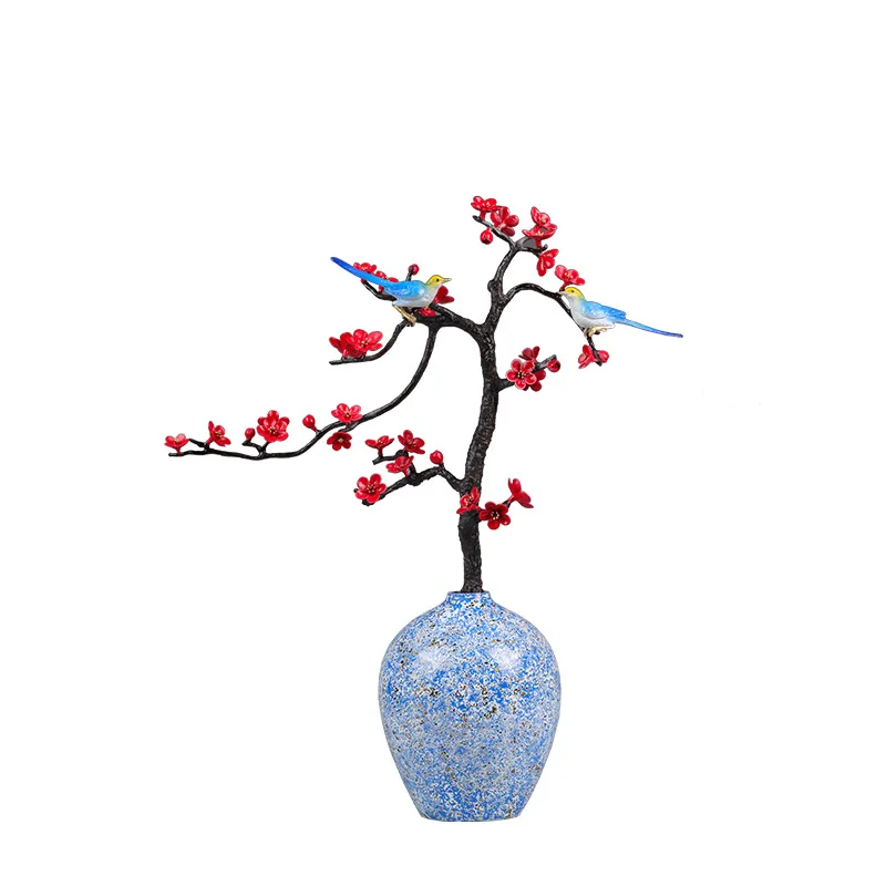 Step on the snow to find plum vase utensils brass ornament magpie plum blossom living room entrance TV cabinet copper decoration