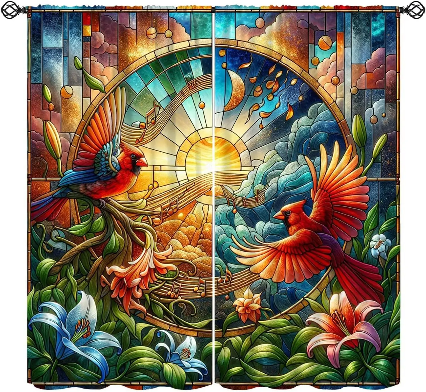 Cardinal Stained Glass Curtains, Modern Art Flower Bird Musical Note Blackout Window Drapes for Kids Bedroom Living Room