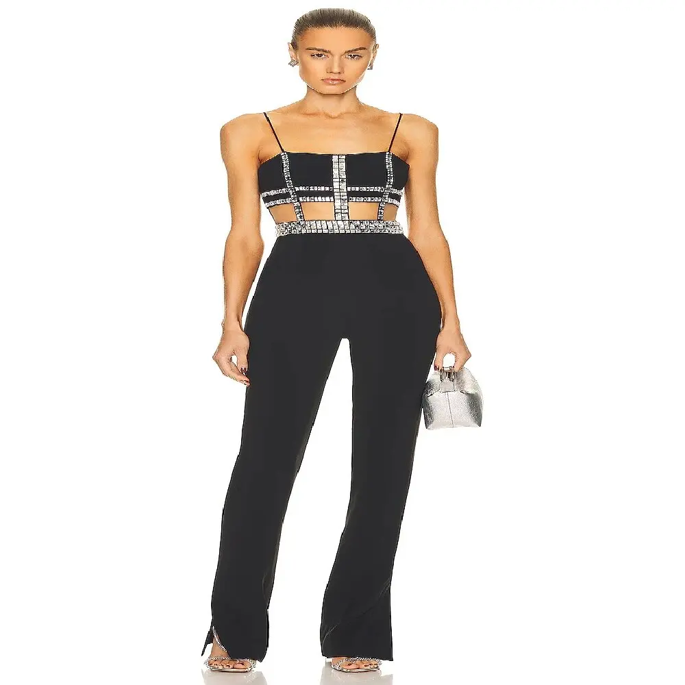 Fashion Casual Lady Urban Wear Slim Jumpsuits For Women Elegant Sleeveless Rhinestone Pencil Pantsuit Chic Feminino Clothing