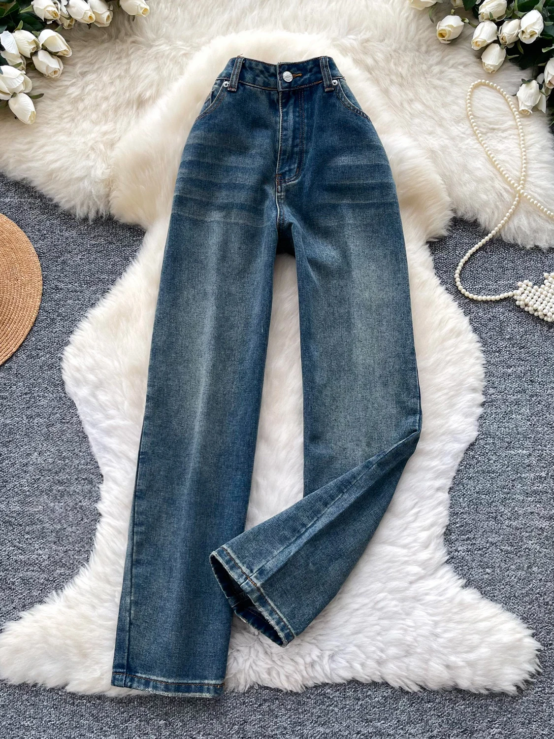 High Waist Wide Leg Jeans Women's Casual Straight Cut Jeans Autumn Commute Style Loose Fit Denim Pants Korean Version