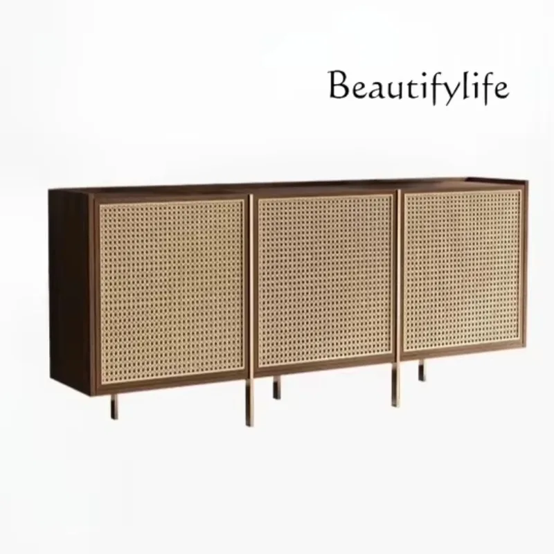 T10 Medieval Style Entrance Walnut Side Cabinet Retro Rattan Decorative Cabinet Entrance Foyer Against The Wall Side Cabinet